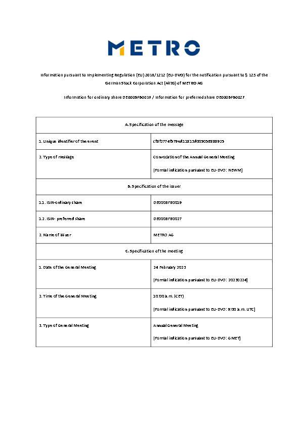 Information pursuant to Implementing Regulation (EU) 2018/1212 for the notification pursuant to § 125 of the German Stock Corporation Act of METRO AG